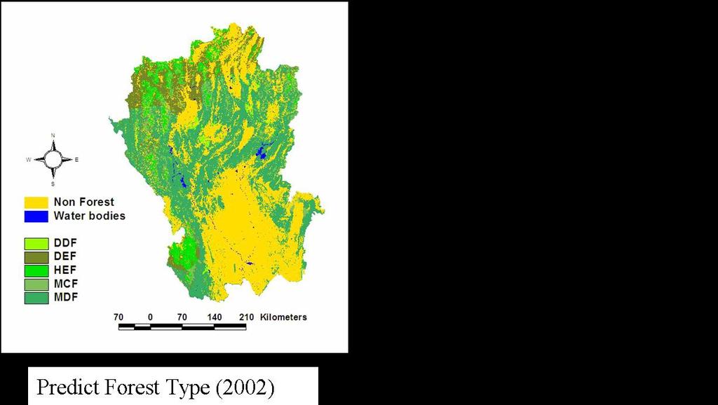 Predicted Forest Types in Northern Thailand From Fig. 9 after we overlay all environmental factors that influence forest types, the computer simulates and gives results for predicted forest types.