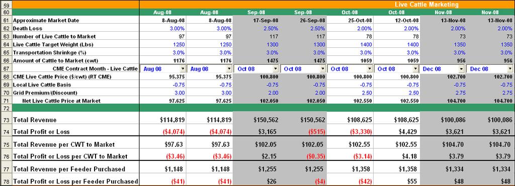 The Live Cattle Marketing portion of the spreadsheet calculates the revenue that will be derived from delivering a projected number and