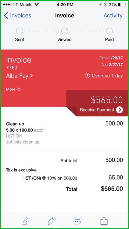 3. Tap Invoice. 4. Enter the Inv. # 5. Date, Due Date, and other information 6. Tap Add Line Item to items for sale. 7. Choose the Tax 8.