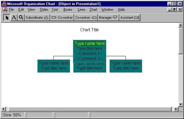 12 Microsoft PowerPoint 2000 Lesson 1-4: Creating an Organization Chart Figure 1-10 A blank organization chart slide. Figure 1-11 The Microsoft Organization Chart program window.