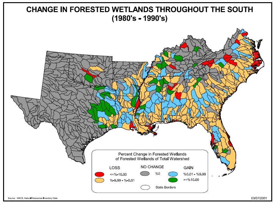 Data from Southern Forest Resource Assessment 2003 Key Findings The South had approximately 35 million acres of forested wetland remaining by 1996, 91 percent of which were riverine wetland.