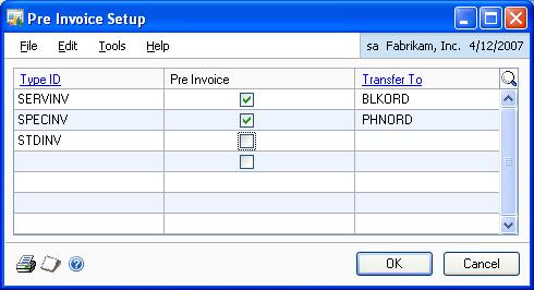 CHAPTER 1 SETUP To select pre invoice IDs: 1. Open the Pre Invoice Setup window.