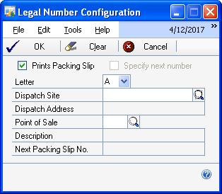 CHAPTER 2 SALES TRANSACTIONS To generate the shipping document number for Argentina: 1. Open the Legal Number Configuration window.