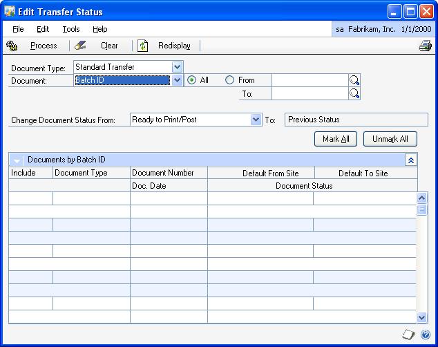 CHAPTER 4 INVENTORY TRANSACTIONS To reverse the workflow status for standard transfers: 1. Open the Edit Transfer Status window.