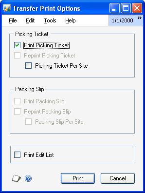 CHAPTER 4 INVENTORY TRANSACTIONS To print standard inventory transfers: 1. Open the Transfer Print Options window.
