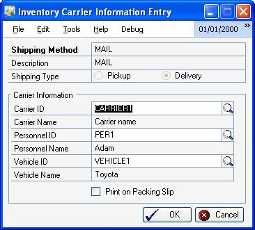 CHAPTER 4 INVENTORY TRANSACTIONS To edit carrier information for inventory transfer documents: 1. Open the Inventory Carrier Information Entry window.