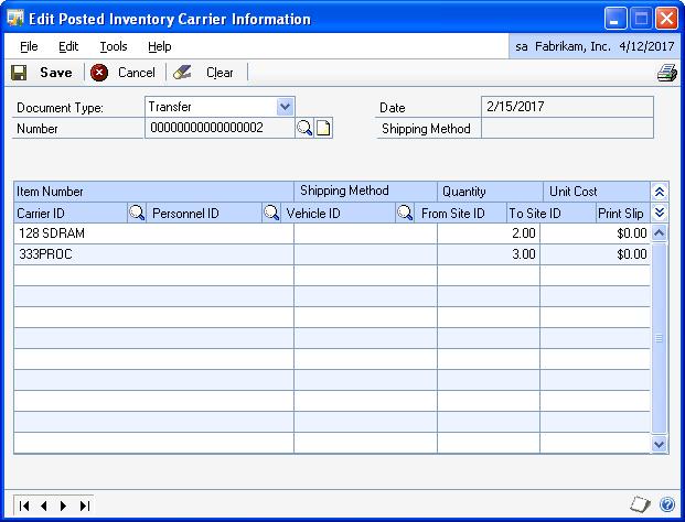 CHAPTER 4 INVENTORY TRANSACTIONS To edit the carrier information for posted inventory documents: 1. Open the Edit Posted Inventory Carrier Information window.