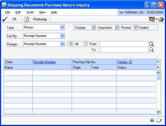 CHAPTER 5 INQUIRIES To view purchase returns: 1. Open the Shipping Documents Purchase Return Inquiry window. (Inquiry >> Purchasing >> Shipping Documents Purchase Returns) 2.