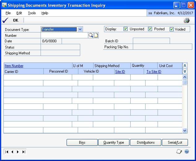 CHAPTER 5 INQUIRIES To view inventory transaction information: 1. Open the Shipping Documents Inventory Transaction Inquiry window. (Inquiry >> Inventory >> Shipping Documents Transaction) 2.