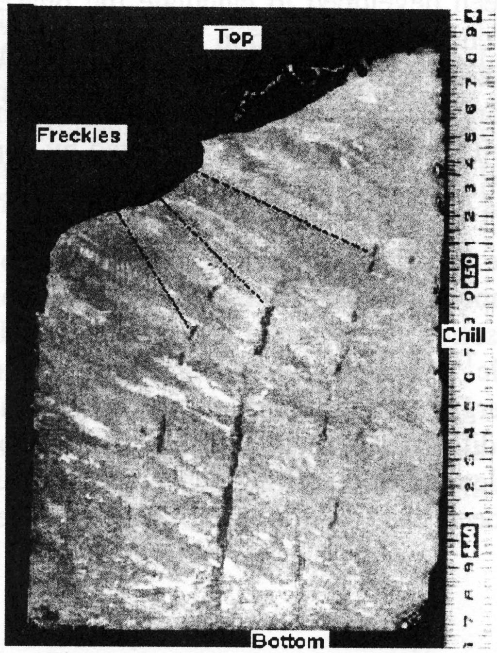 The freckles are basically from top to bottom and almost perpendicular to grain growth direction. Figure 2 shows a freckle structure in IN718 VAR ingot and schematically the solidification conditions.