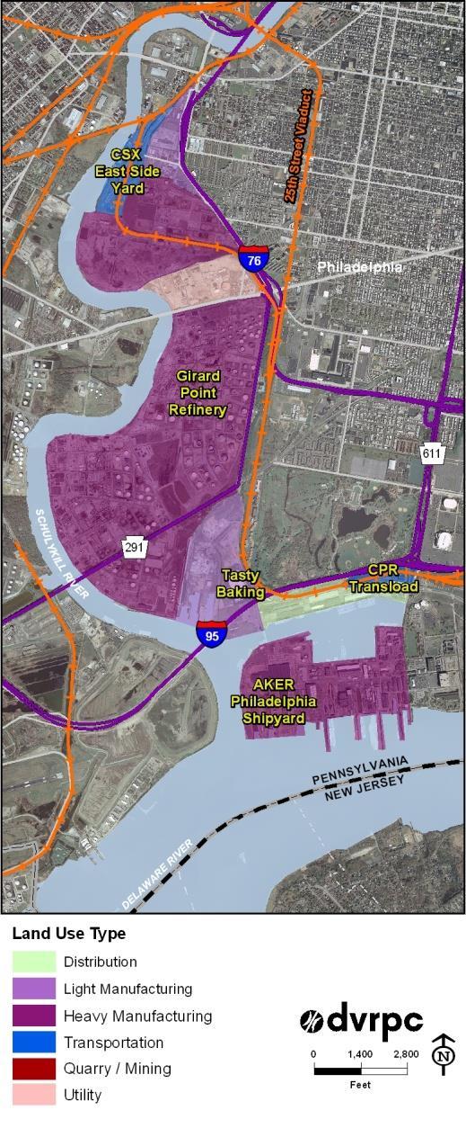 Mega Freight Center Example: Schuylkill River East / Girard Point Land Use and Business Summary Heavy Manufacturing Girard Point Refinery Aker Philadelphia Shipyard Light Manufacturing Tasty Baking