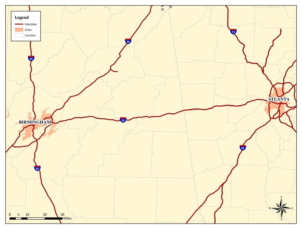 Section II: Atlanta-Birmingham Corridor Figure 5-9: Atlanta-Birmingham Observed Auto Traffic (in AADT) in 1995 and 2010 #2 57,100 62,527 #1 25,963 33,460 1995 Traffic Counts 2010 Traffic Counts