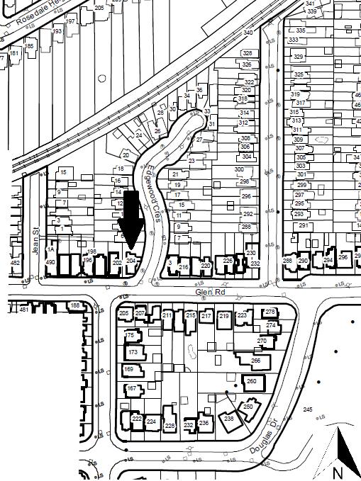 LOCATION MAP: 204 Glen Road ATTACHMENT No. 1 The arrow marks the location of the property at 204 Glen Road.