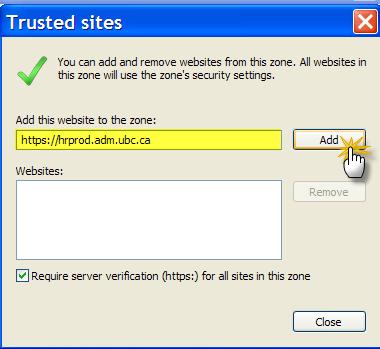 Click on Security tab, select Trusted sites zone, and then click on Sites button: If you re already in