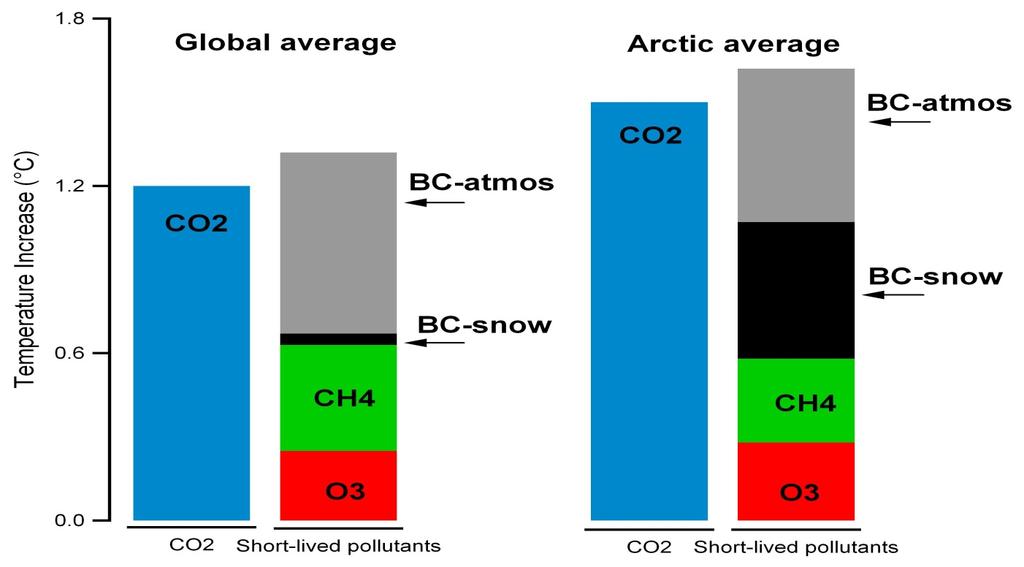 Special case The Arctic : Climate forcing estimates Figure 1: Yearly mean temperature increase by CO2 and short-lived climate forcers