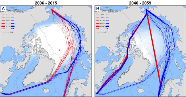 Simulated shipping routes in September through the Arctic in the near future and the mid-21th century, taking into account the
