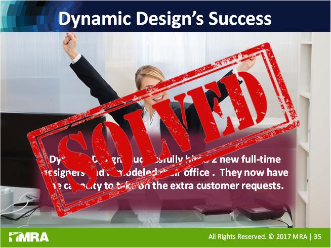2017 MRA 34 Dynamic Design s Success Dynamic Designs successfully hired 2 new full time designers and remodeled their office. They now have the capacity to take on the extra customer requests.