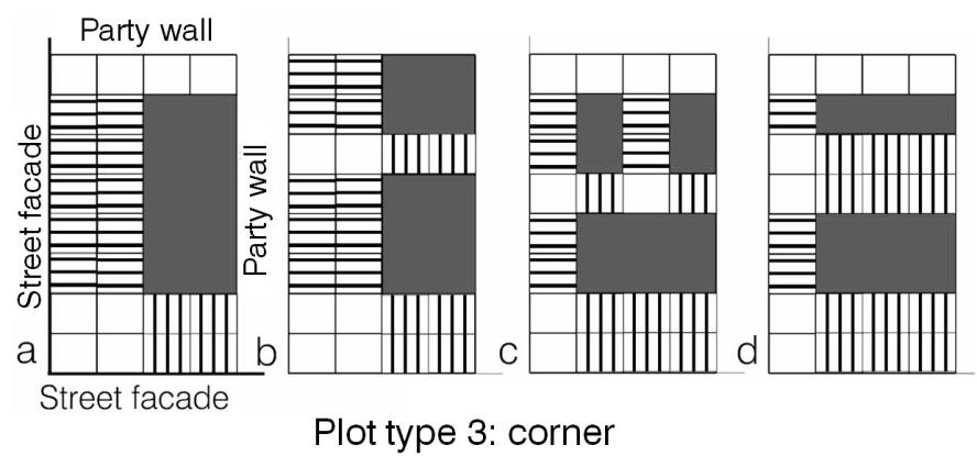 Figure 3: Schematic representation of some possible building layouts (out of 160 considered) for plot type 1 (a, b, c) and plot type 2 (d, e, f) with open space ratio = 0.3. The modules in grey represent the courtyard area and the modules with lines represent the rooms with cross ventilation by direct contact with two courtyards or through an adjacent room.