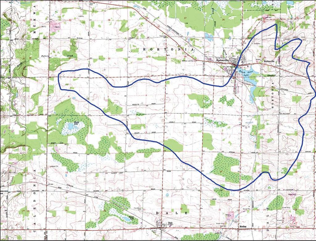 Figure 2 Quadrangle map of the Black Otter Lake delineated watershed in Outagamie County, WI that measures 10,043 acres (Cason 2003).
