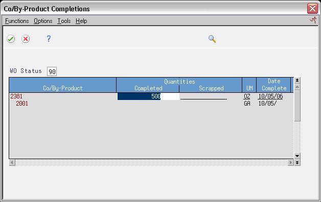 18BComplete Work Orders 7. Complete the following optional field: Pay Point Status The Co/By-Product Completions window appears. 8. Press Enter to accept the data and close Co/By-Product Completions.