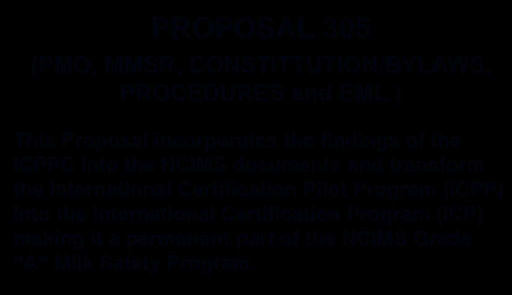RESULTS OF THE 2013 NCIMS PROPOSAL 305 (PMO, MMSR, CONSTITTUTION/BYLAWS, PROCEDURES and