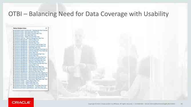 OTBI Balancing Need for Data Coverage with Usability Problem On average OTBI subject areas consist of numerous folders and hundreds of fields Proliferation of subject areas creates challenges to