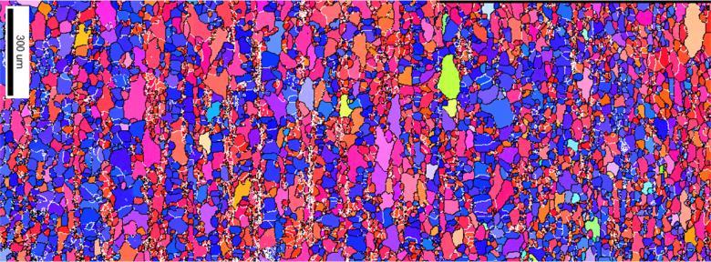 300 µm Figure 2. EBSD micrographs of the microstructure of the profile extruded at 300 C and post-extrusion annealed at 450 C for 10 s.