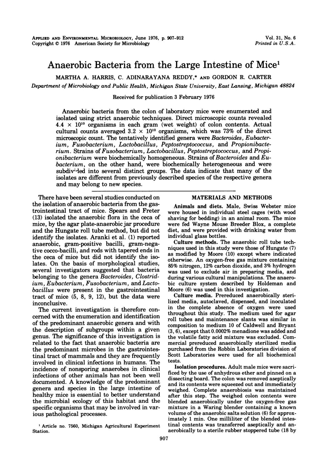 APPLIED AND ENVIRONMENTAL MICROBIOLOGY, June 1976, p. 907-912 Copyright 1976 American Society for Microbiology Vol. 31, No. 6 Printed in U.S.A. Anaerobic Bacteria from the Large Intestine of Mice1 MARTHA A.