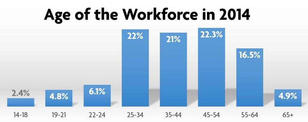 Workforce Characteristics In 2014 the majority of job holders were ages 45-54, representing 22.3% of the workforce.