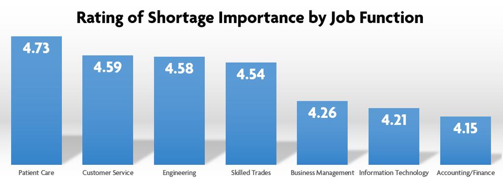 Although the patient care and engineering functions were not as broadly represented in the survey, for those firms that did employ them the importance of the skill shortage was very high.