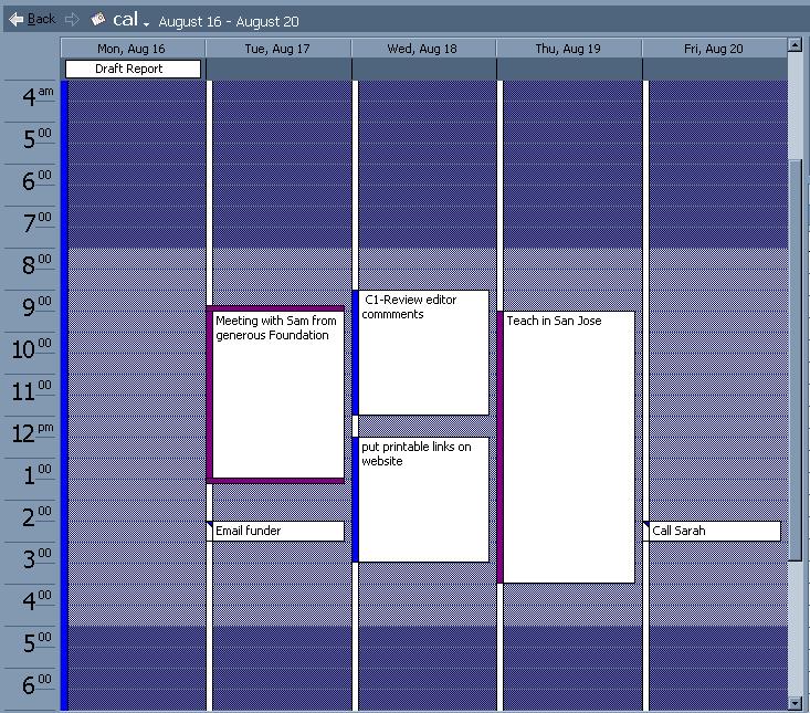 Calendar Your calendar is a tool and should be helping you prioritize your work, not just plot meetings. It is a roadmap of every item on your to-do list and your planning list.