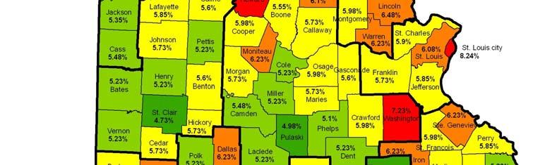 Louis City has the highest sales tax rate (8.24%) followed by St. Louis County (6.08%) and St. Charles (5.90%).