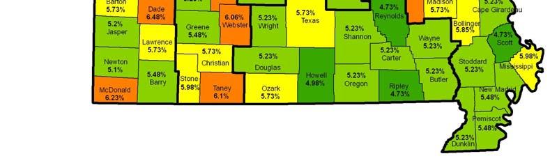 The average sales tax rate for Missouri is 5.72%. All the counties in the St.