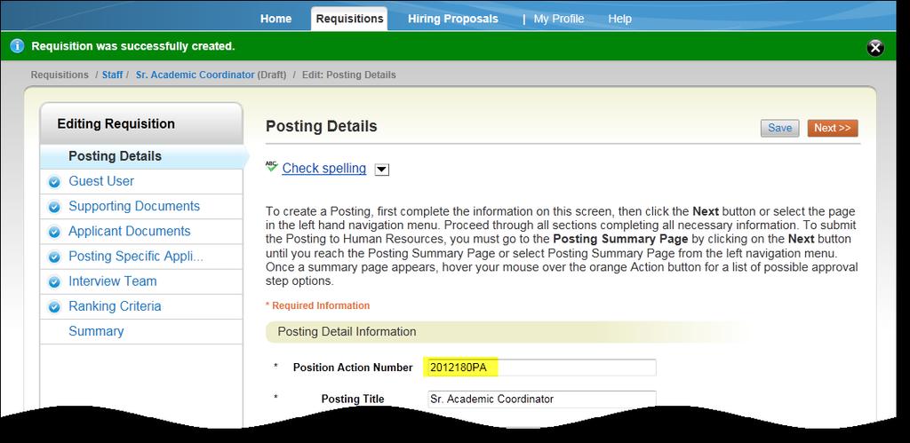 8. The Posting Details page appears next.