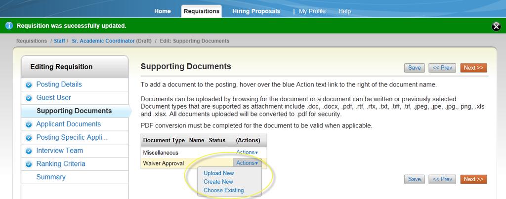 Supporting Documents Page: You may attach documents to this Posting (not visible to Applicants).