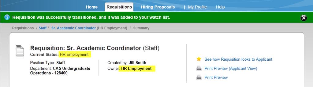 24. The Take Action window appears next. The Take Action window: You can enter a comment which would appear in the transition email to HR/Employment.