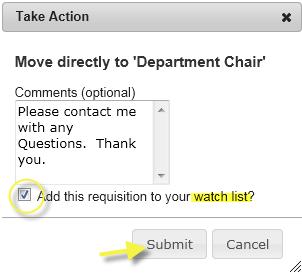 29. The Take Action window appears next. The Take Action window: You can enter a comment which would appear in the transition email to HR/Employment.