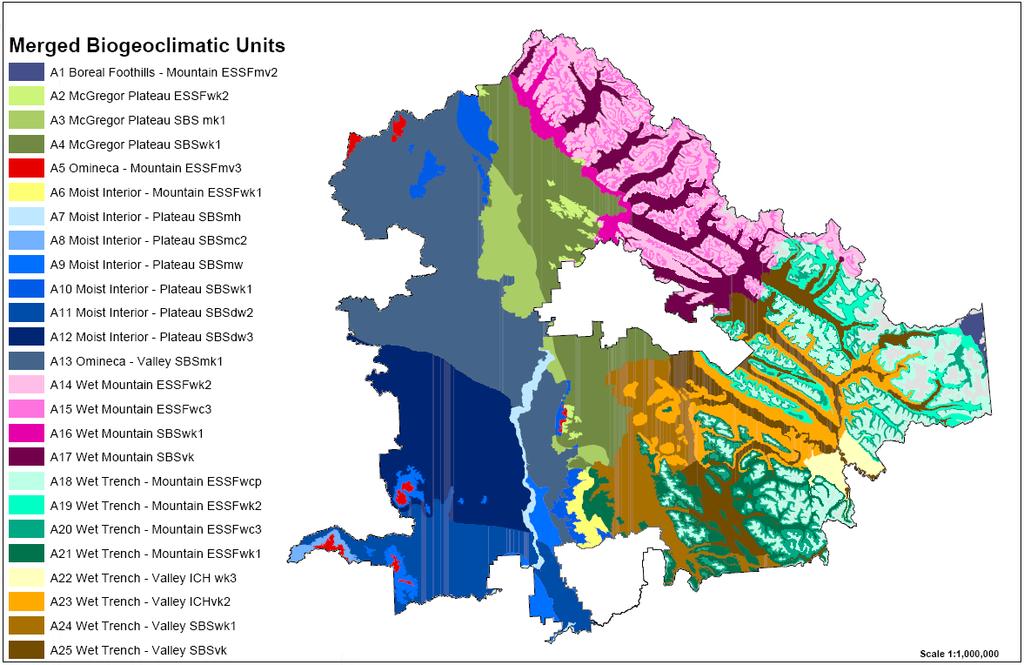 Figure 2. Merged Biogeoclimatic Ecosystem Classification / Natural Disturbance Unit classification for the Prince George Forest District (map generated by Canfor Ltd.). 3.0 METHODS 3.