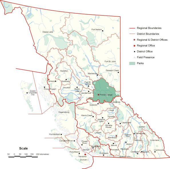 2.0 STUDY AREA Our study area was the Prince George Forest District (PGFD, Figure 1) with an area of 3.3 million ha., 2.4 million ha. of which are forested. Figure 1. Prince George Forest District in central British Columbia (map from Ministry of Forests webpage).