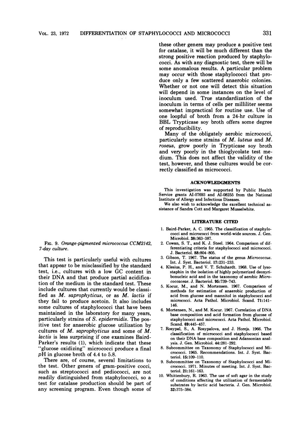 VOL. 23, 1972 DIFFERENTIATION OF STAPHYLOCOCCI AND MICROCOCCI 331 these other genera may produce a positive test for catalase, it will be much different than the strong positive reaction produced by