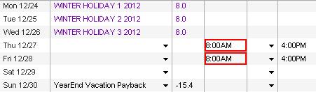 Paying Back Hours in Week 2 1. Click to insert a row in the timecard on Sunday, December 30, 2012, which is at the end of the second week of the last biweekly pay period. 2. Select the YearEnd Vacation Payback pay code from the drop down list.