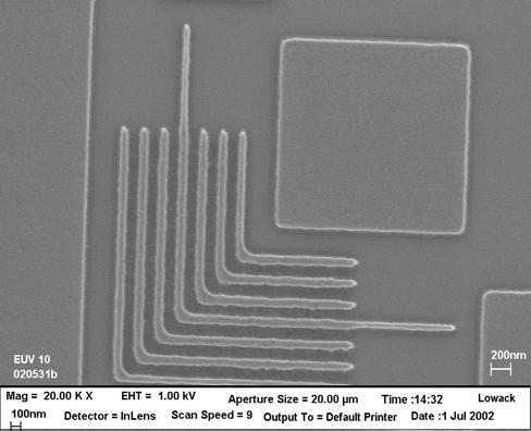 Acrylic MA type I resist BLR on hardmask - 100 nm dense lines Bossung-Plot EUV-10 100nm 6,1 mj/cm2 6,8 mj/cm2 7,2 mj/cm2 120 100 CD=100nm CD [nm] 80 60 40 20 CD=100nm - 20nm SI Stack: 100 nm top