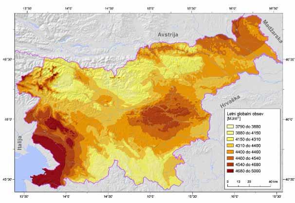 Potential of solar radiation in Slovenia Solar irradiation ranges between 1100 and 1380 kwh/m 2 yearly or 93.000 PJ on surface SLO.