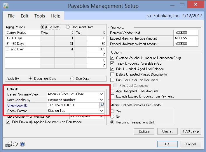 Default Sort Order for Payables Checks Sort Checks by option will be found in the Payables
