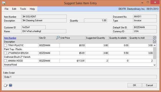 Suggested Item Sales script for each item Analyze option to