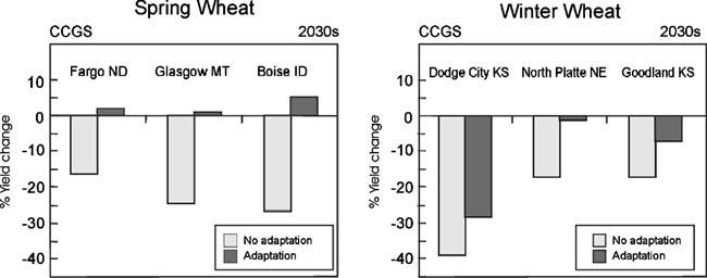 Mitig Adapt Strat Glob Change (2007) 12:855 873 861 Fig. 3 Percent yield changes with and without adaptation under the Canadian.