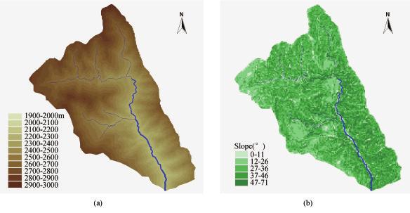 4 The landform characteristics of Caogou Catchment (a) DEM and main streams (b). populusa cathayana and Pinus armandii)(other species such as Quercus liaotungersis less than 2% ).