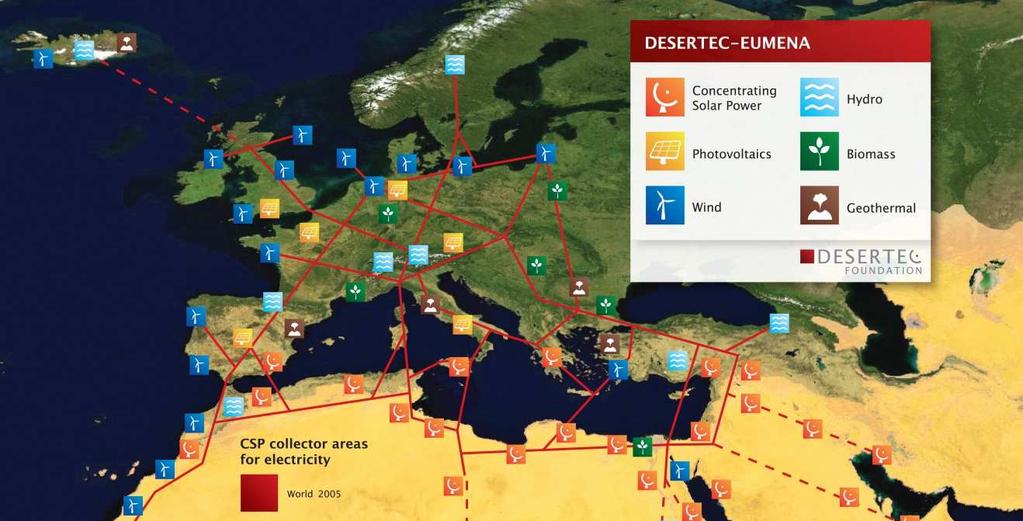The DESERTEC Concept for EU-MENA The best sites offer the greatest benefit for climate protection For the same investment, the best sites can produce more clean electricity and therefore