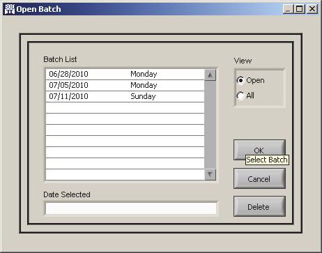 You may search by Search Date icon if you know the date of a Batch or you may use the Open Batch icon to display a list of Open [Batches].