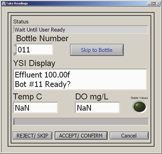 Effluent 100.00 Bot #11 Ready? If the bottle is ready then press either the YSI 5100 keypad or the program display.